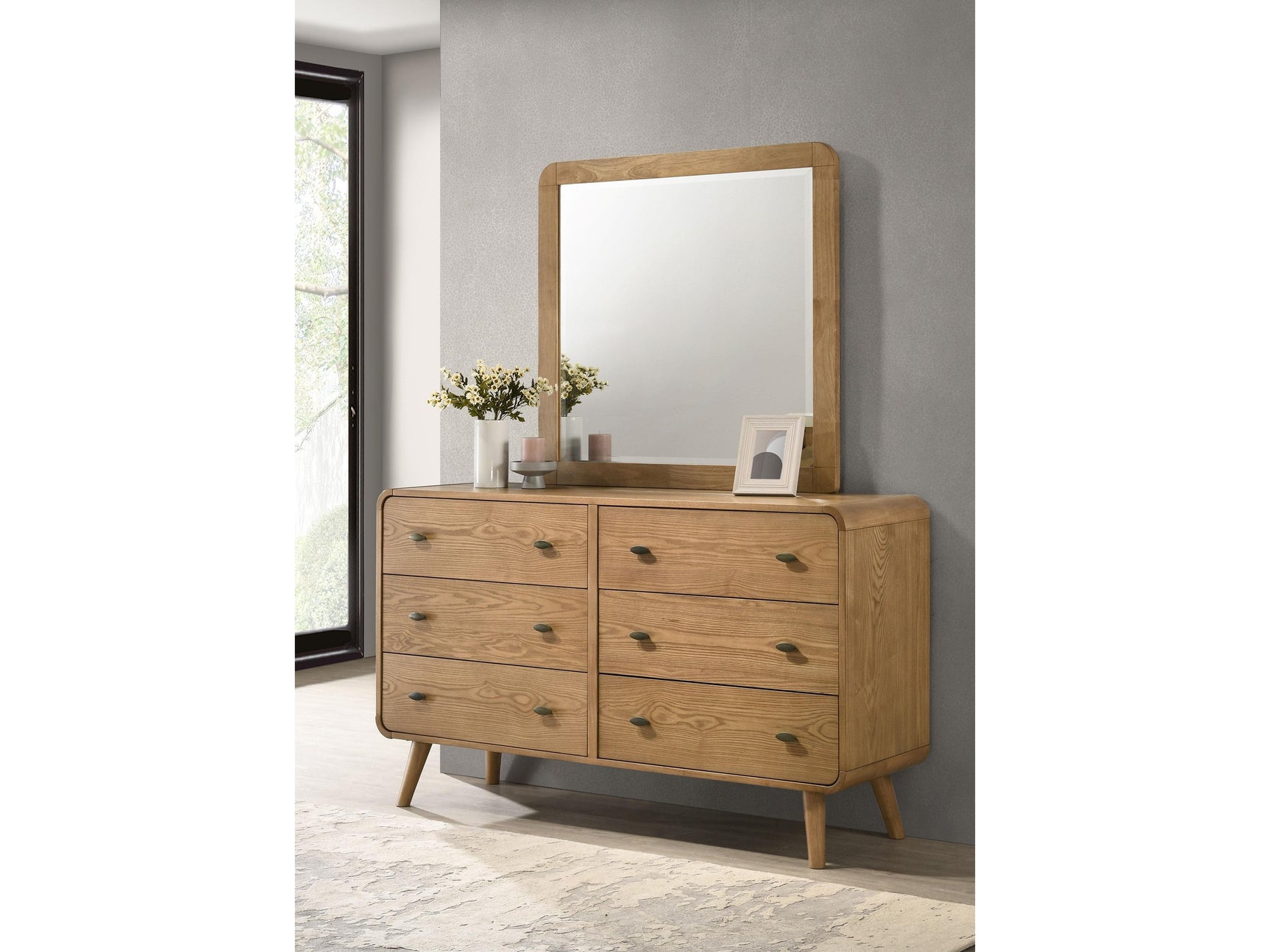 Robyn Light Ash 6-drawer Bedroom Dresser and Mirror - Ornate Home