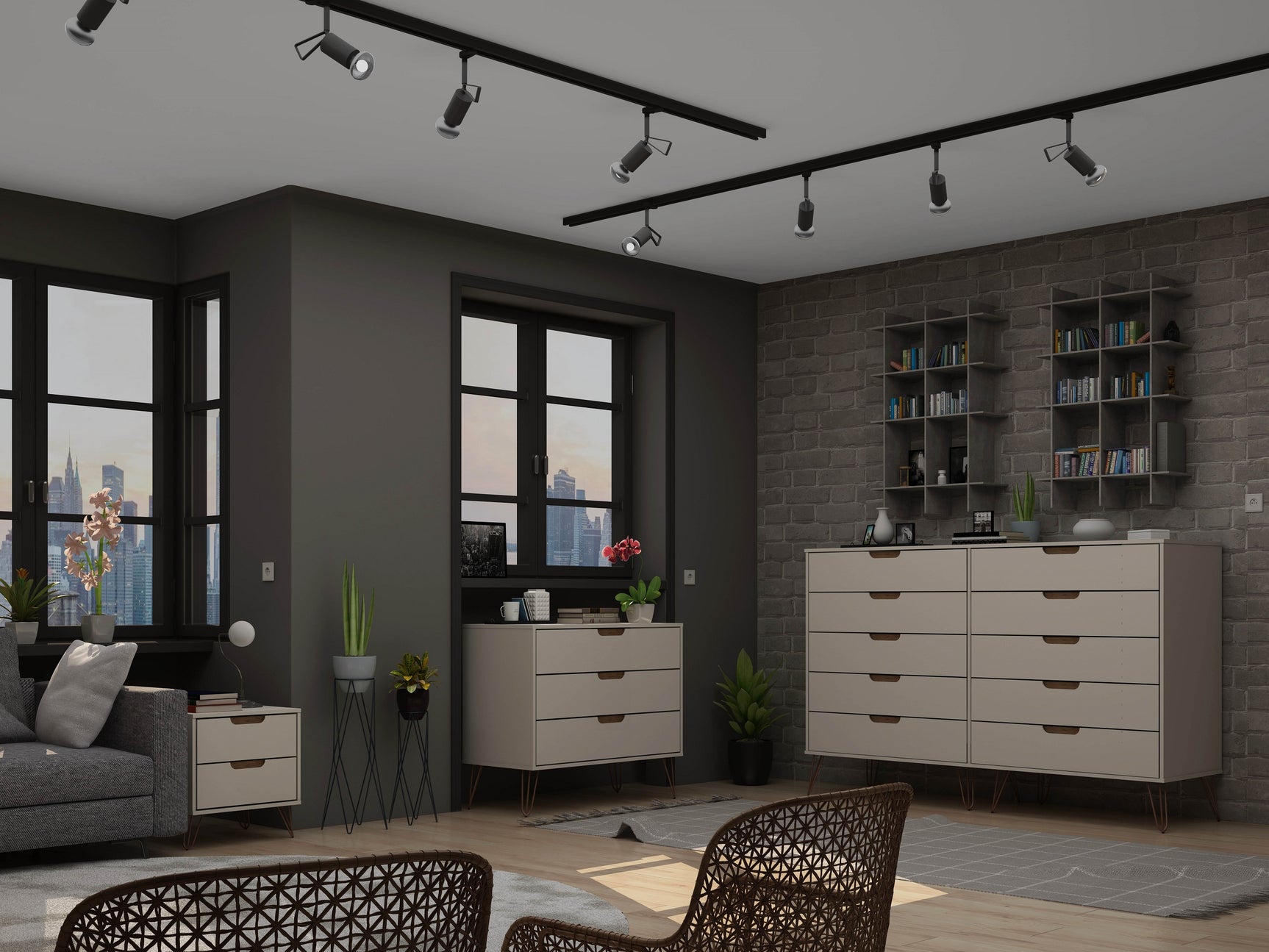 Rockefeller 3-Piece Off White and Nature Dresser and Nightstand Set - Ornate Home