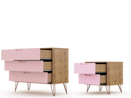 Rockefeller Dresser and Nightstand Set in Nature and Rose Pink - Ornate Home