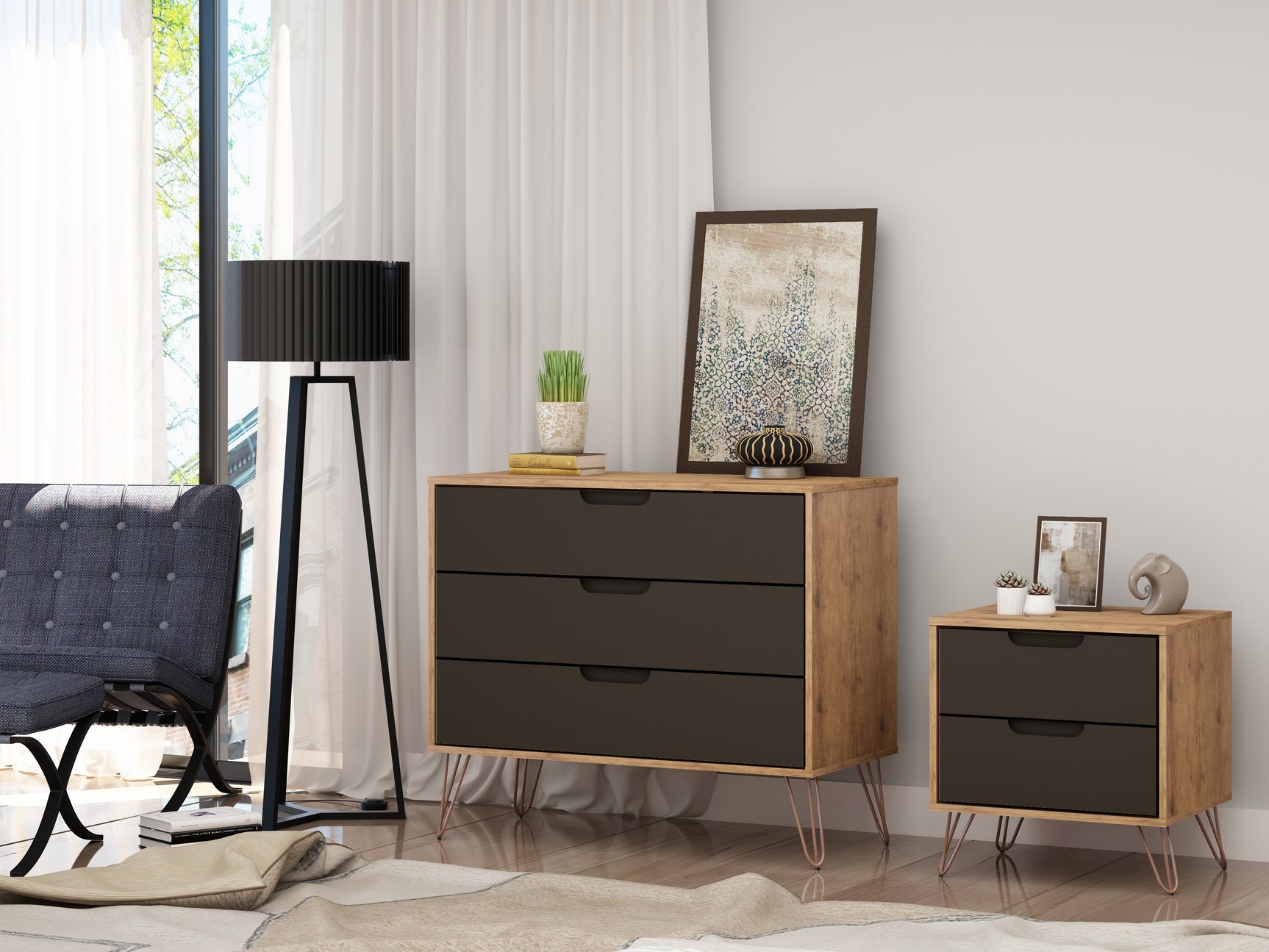 Rockefeller Dresser and Nightstand Set in Nature and Textured Grey - Ornate Home