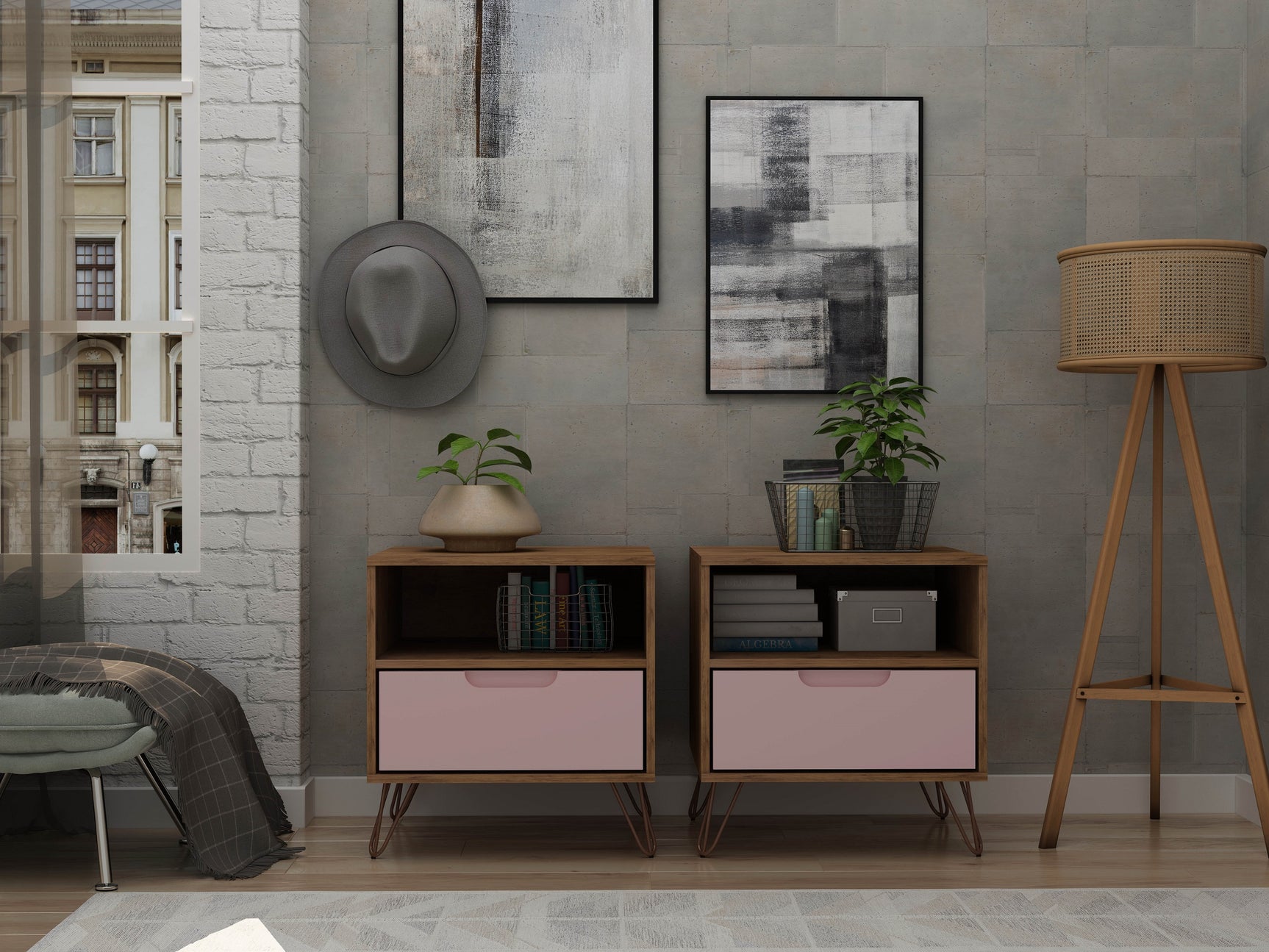 Rockefeller Nightstand 1.0 in Nature and Rose Pink (set of 2) - Ornate Home