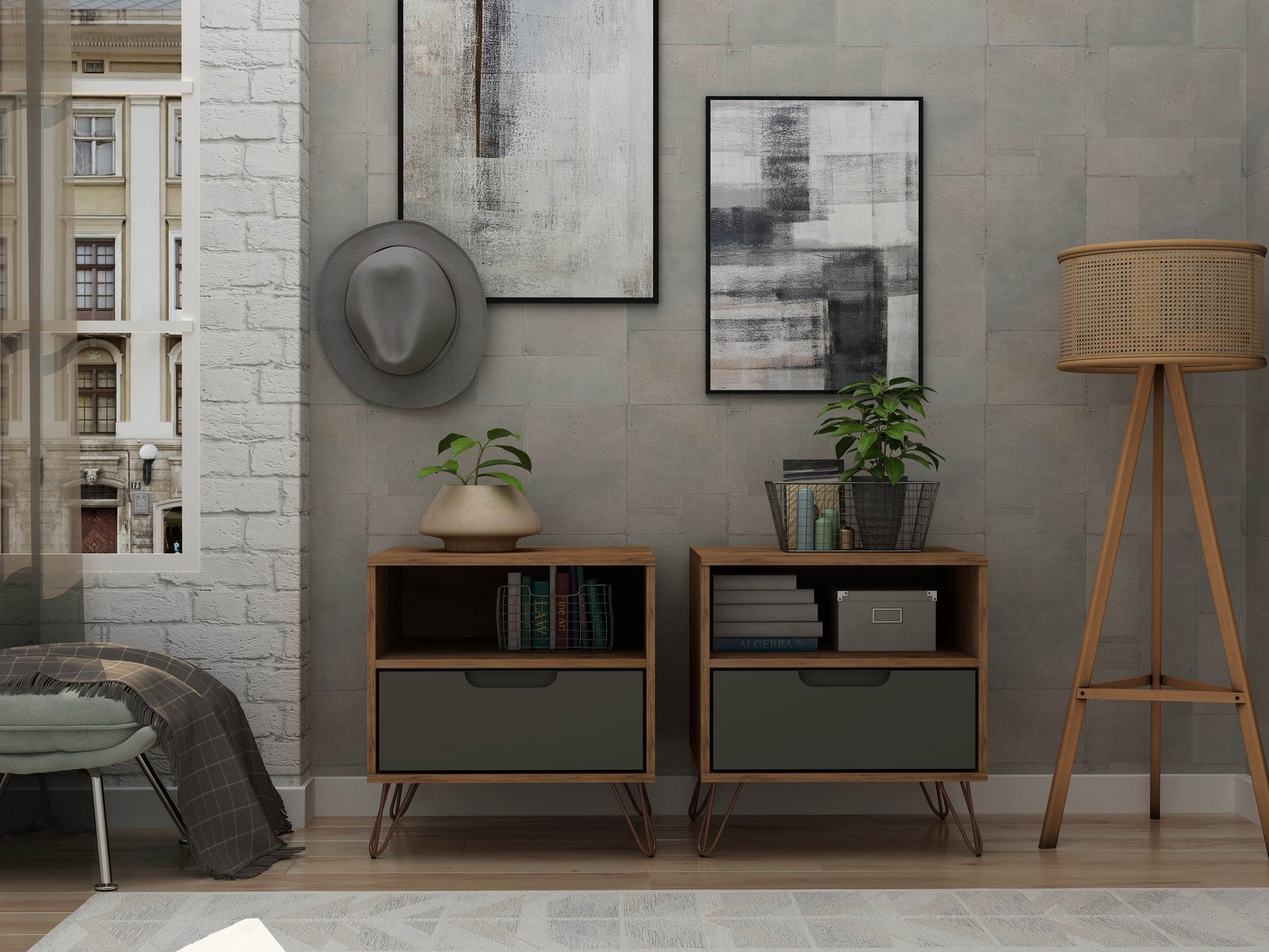 Rockefeller Nightstand 1.0 in Nature and Textured Grey (set of 2) - Ornate Home