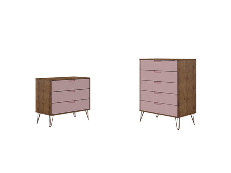 Rockefeller Tall 5-Drawer Dresser and Standard 3-Drawer Dresser in Nature and Rose Pink - Ornate Home