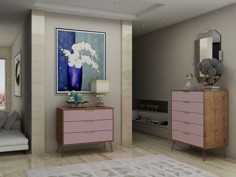 Rockefeller Tall 5-Drawer Dresser and Standard 3-Drawer Dresser in Nature and Rose Pink - Ornate Home