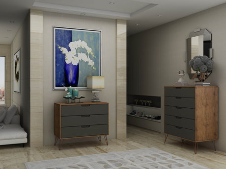 Rockefeller Tall 5-Drawer Dresser and Standard 3-Drawer Dresser in Nature and Textured Grey - Ornate Home