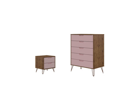 Rockefeller Tall 5-Dresser and 2-Drawer Nightstand in Nature and Rose Pink - Ornate Home