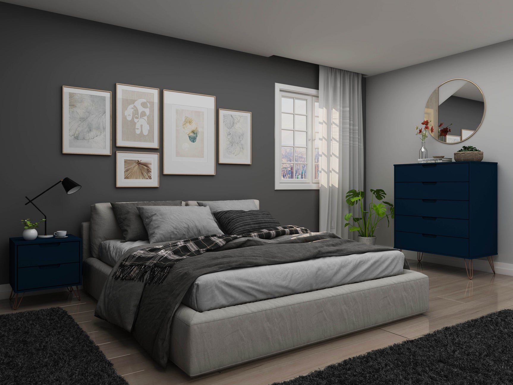 Rockefeller Tall 5-Dresser and 2-Drawer Nightstand in Tatiana Midnight Blue - Ornate Home