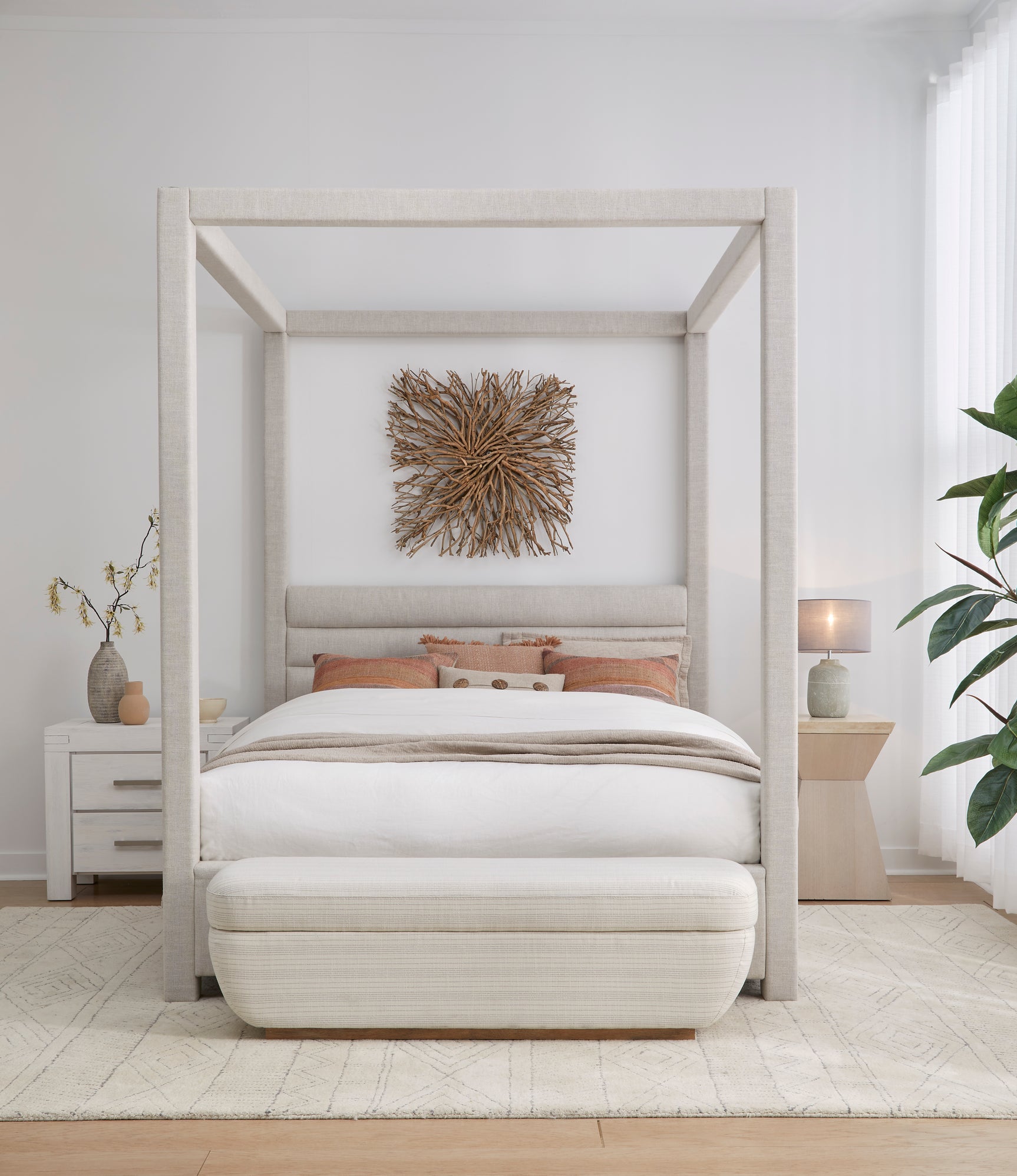 Rockford Upholstered California King Canopy Bed in Turtle Dove Linen - Ornate Home