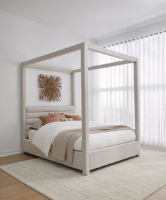 Rockford Upholstered California King Canopy Bed in Turtle Dove Linen - Ornate Home
