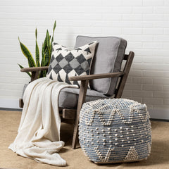 Rofi Blue/Cream Denim and Cotton Stitched Square Pouf - Ornate Home