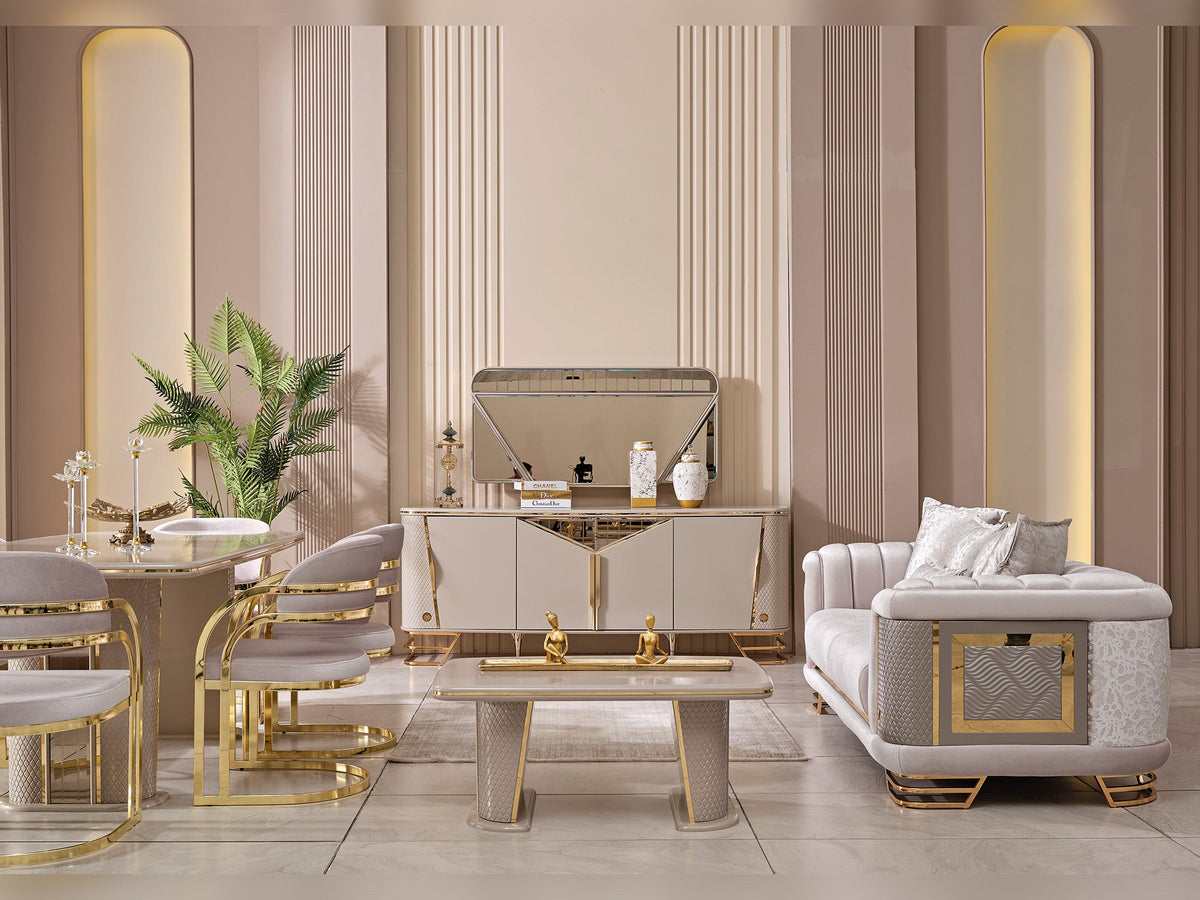 Romans Cream Dining Room Set (Consol With Mirror & Dining Table & 6 Dining Chair) - Ornate Home