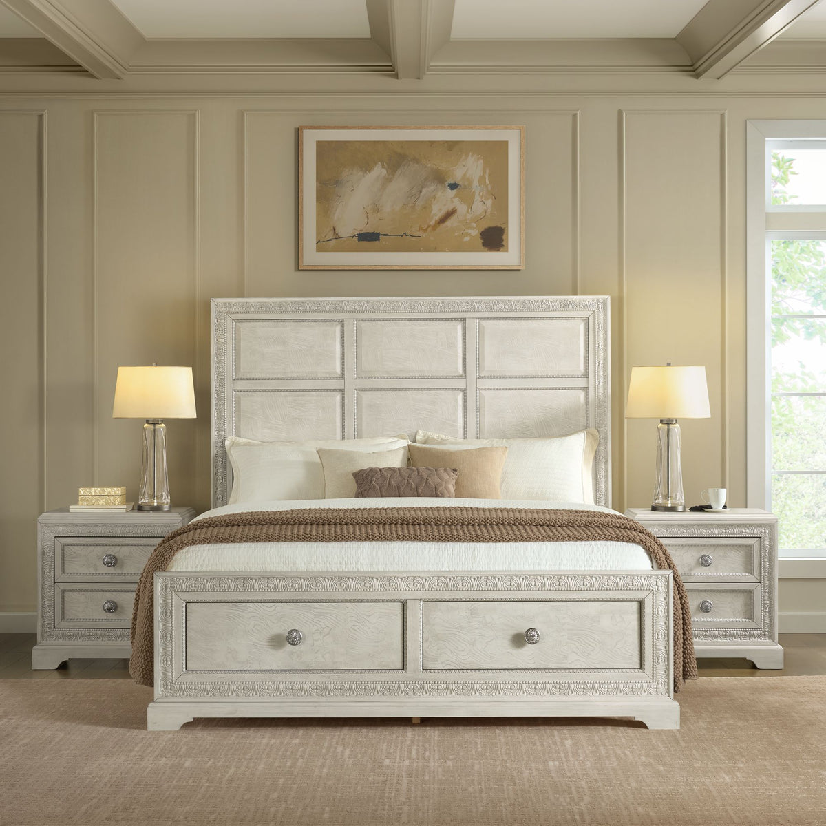 Romilly White 3-Piece Queen Storage Bedroom Set with 2 Nightstands - Ornate Home