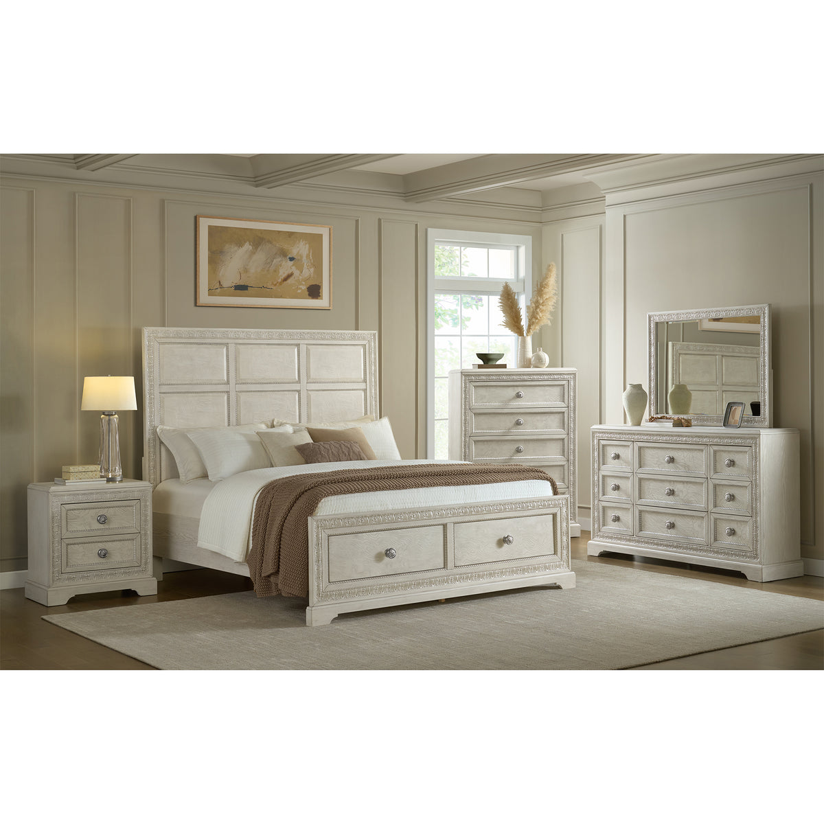 Romilly White 5-Piece Queen Storage Bedroom Set - Ornate Home