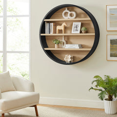 Romy Black/Natural 47" Round Wall Book Shelf - Ornate Home