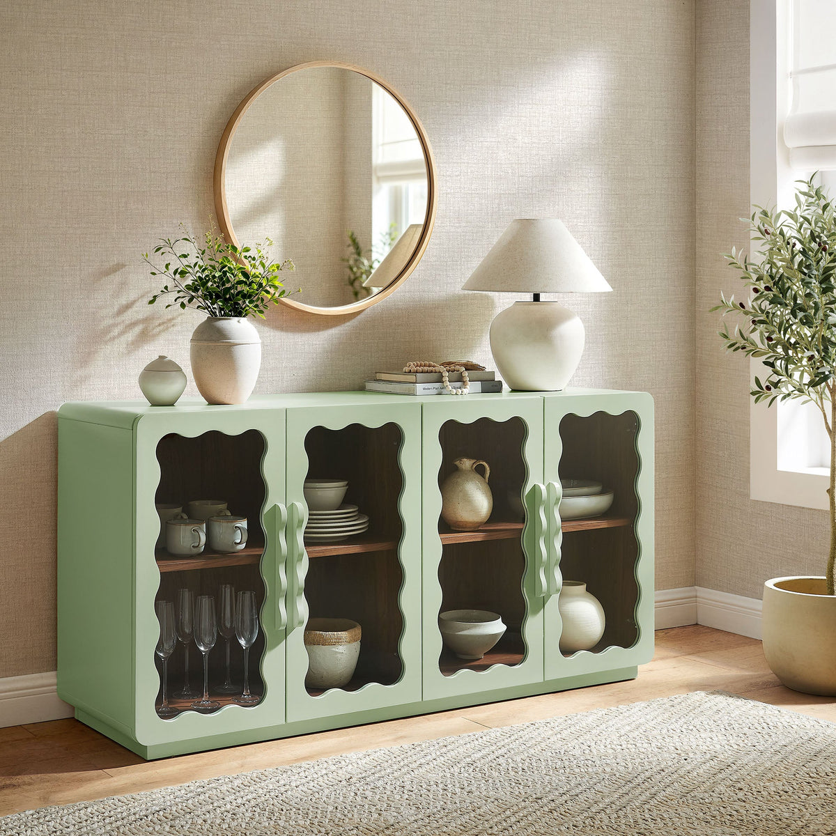 Rory Sage Walnut 62 Inch Four-Door Scalloped Glass Sideboard