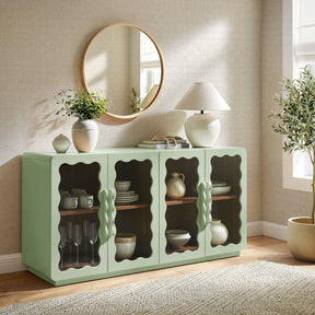 Rory Sage Walnut 62 Inch Four-Door Scalloped Glass Sideboard
