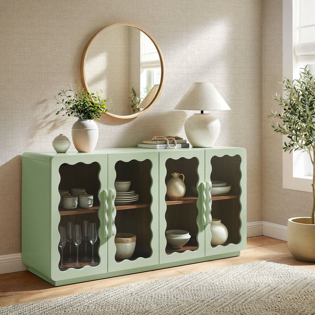 Rory Sage Walnut 62 Inch Four-Door Scalloped Glass Sideboard
