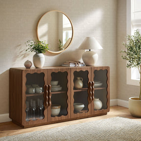 Rory Walnut 62 Inch Four-Door Scalloped Glass Sideboard
