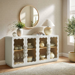Rory White Oak 62 Inch Four-Door Scalloped Glass Sideboard