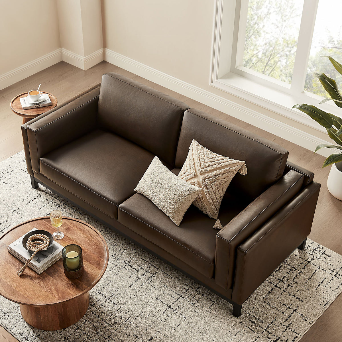 Roscoe Espresso 81 inch Vegan Leather Sofa - Ornate Home