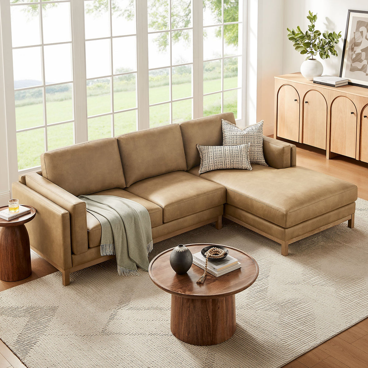 Roscoe Toast Right-Facing Vegan Leather Sectional Sofa with Chaise - Ornate Home