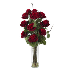 Roses w/Cylinder Vase Silk Flower Arrangement - Ornate Home