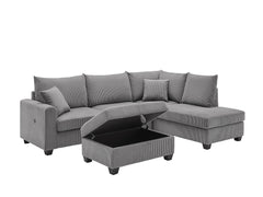 Rowan Dark Gray 107"W Corduroy Sectional Sofa with Right-Facing Chaise & Ottoman - Ornate Home