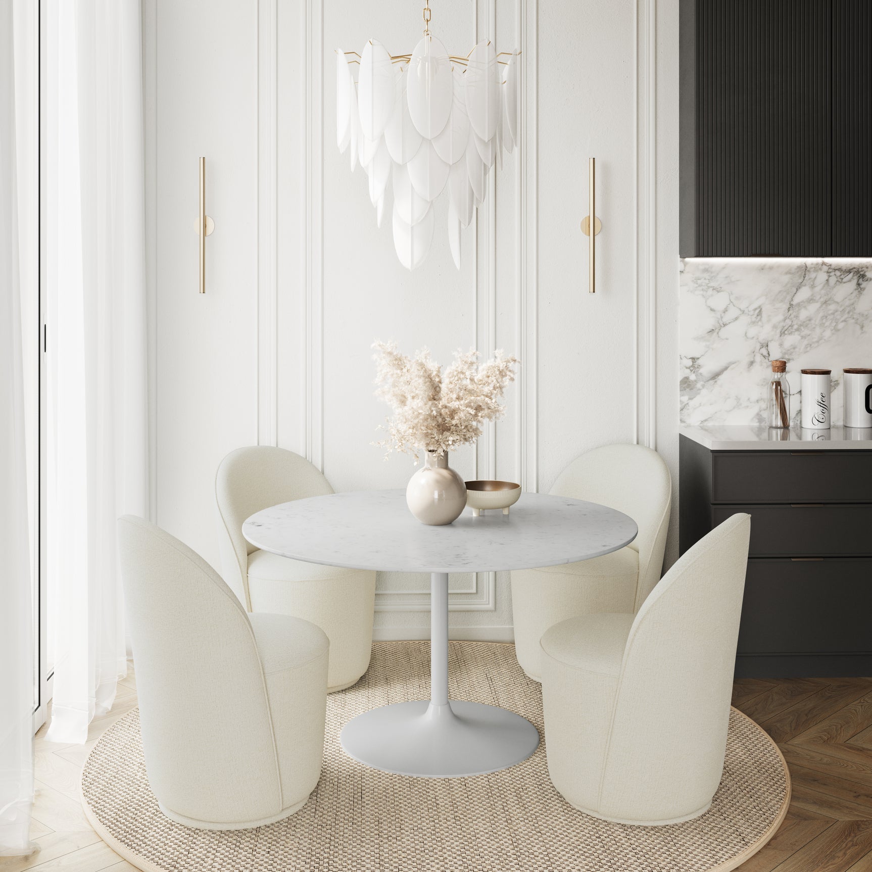 Rowan White/Natural 54 Round Marble Dining Table w/ 4 Landon Chairs - Ornate Home