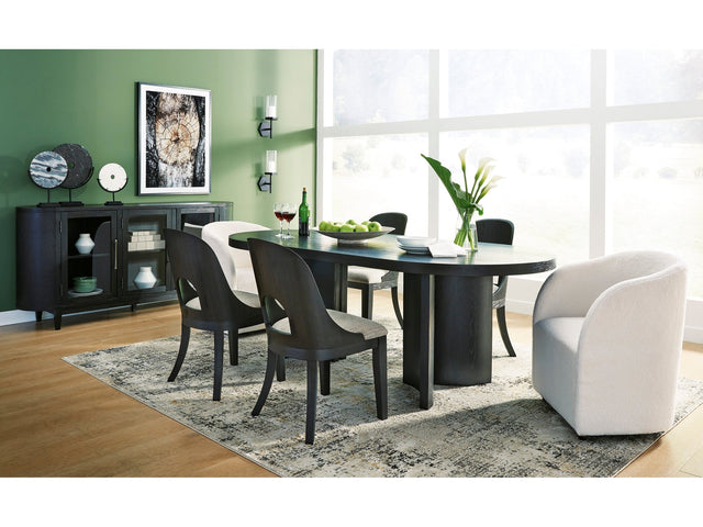 Rowanbeck Black Dining Room Set w/ 2 Fully Upholstered White Armchairs  / 7pc (Online Special Price) - Ornate Home