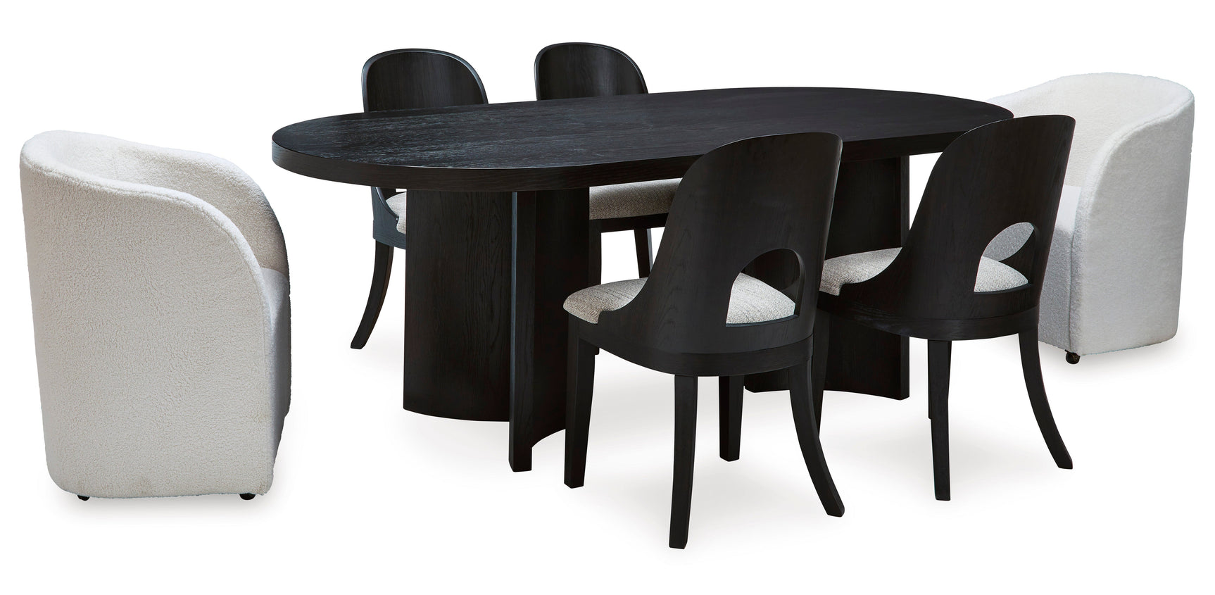 Rowanbeck Black Dining Room Set w/ 2 Fully Upholstered White Armchairs  / 7pc (Online Special Price) - Ornate Home