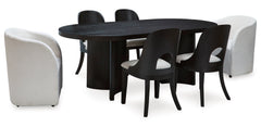 Rowanbeck Black Dining Room Set w/ 2 Fully Upholstered White Armchairs  / 7pc - Ornate Home