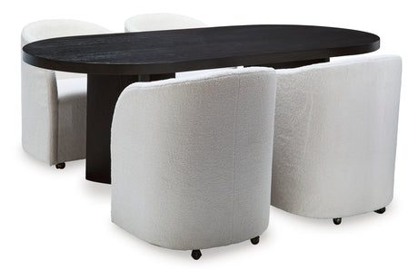 Rowanbeck Black Dining Room Set w/ 4 Fully Upholstered White Armchairs  / 5pc - Ornate Home