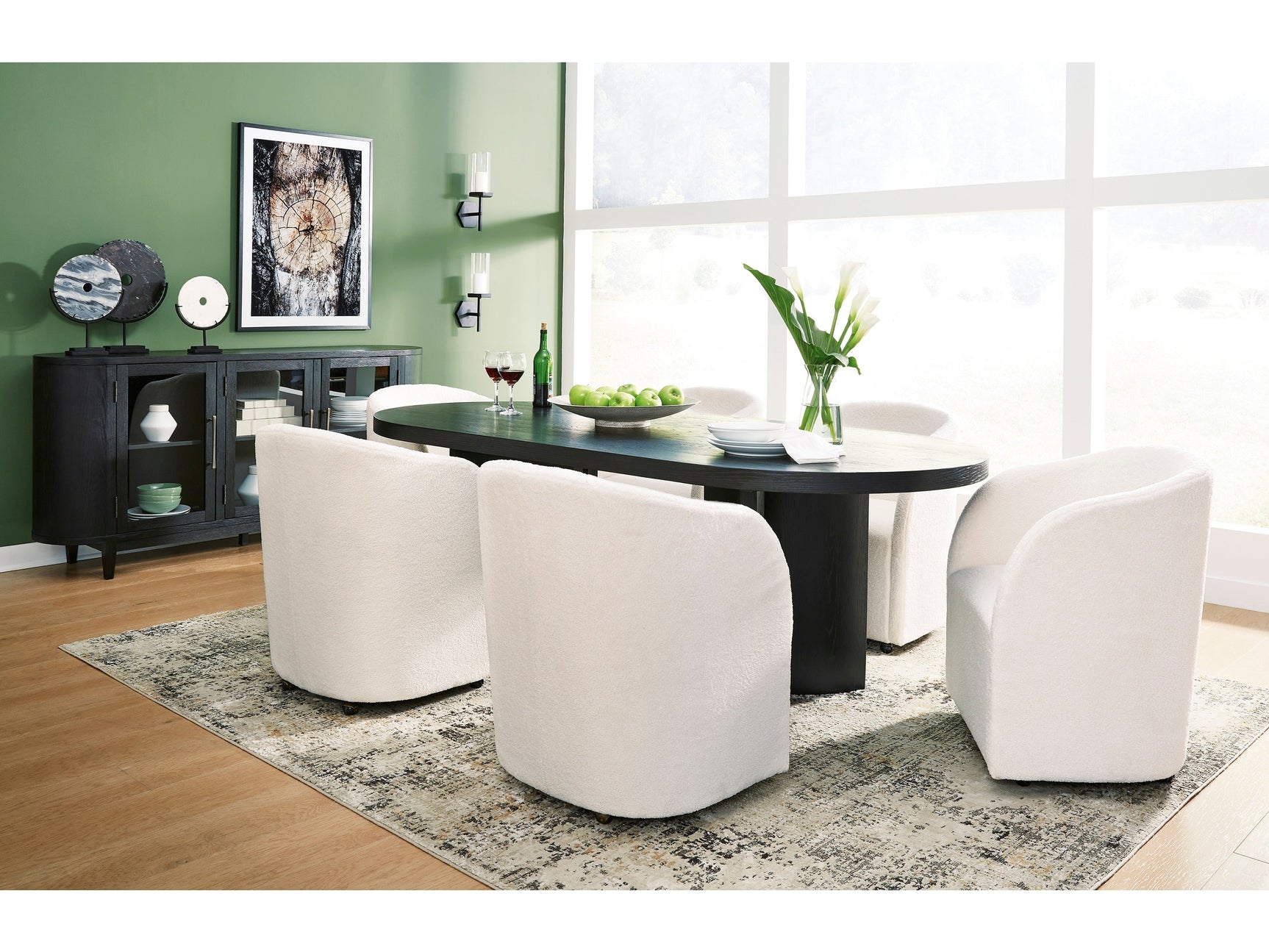 Rowanbeck Black Dining Room Set w/ 6 Fully Upholstered White Armchairs  / 7pc - Ornate Home