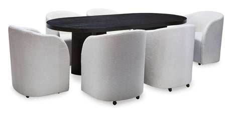 Rowanbeck Black Dining Room Set w/ 6 Fully Upholstered White Armchairs  / 7pc - Ornate Home