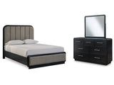 Rowanbeck Black Queen Upholstered Panel Bed & Dresser & Mirror (Online Special Price) - Ornate Home