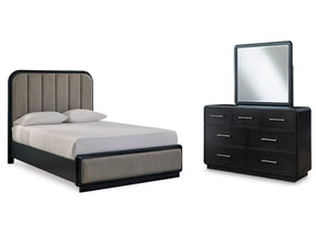 Rowanbeck Black Queen Upholstered Panel Bed & Dresser & Mirror (Online Special Price) - Ornate Home