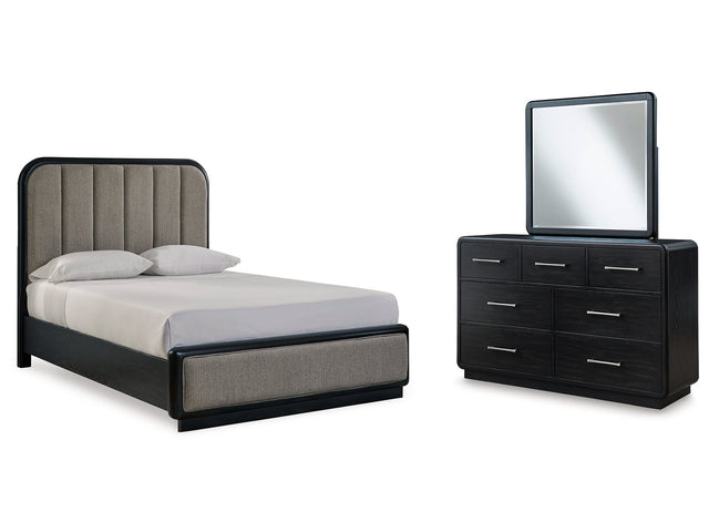 Rowanbeck Black Queen Upholstered Panel Bed & Dresser & Mirror (Online Special Price) - Ornate Home