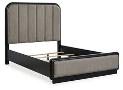 Rowanbeck Black Queen Upholstered Panel Bed & Dresser & Mirror - Ornate Home