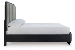 Rowanbeck Black Queen Upholstered Panel Bed & Dresser & Mirror - Ornate Home