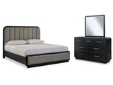 Rowanbeck California King Upholstered Panel Bedroom Set with Dresser and Mirror - Ornate Home