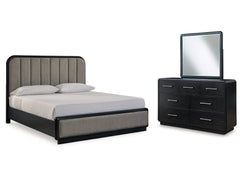 Rowanbeck California King Upholstered Panel Bedroom Set with Dresser and Mirror - Ornate Home