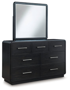 Rowanbeck California King Upholstered Panel Bedroom Set with Dresser and Mirror - Ornate Home