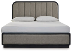 Rowanbeck California King Upholstered Panel Bedroom Set with Dresser and Mirror - Ornate Home