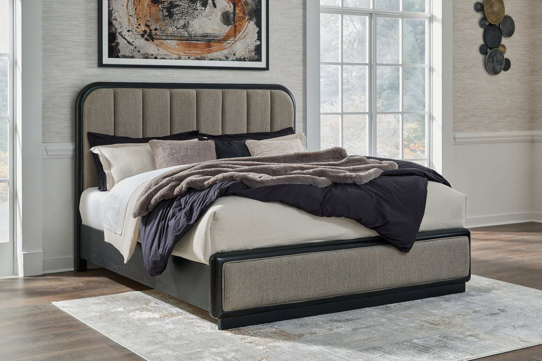 Rowanbeck Gray/Black King Panel Bed, Dresser, Mirror, Chest and Nightstand (Online Special Price) - Ornate Home