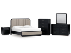 Rowanbeck Gray/Black King Panel Bed, Dresser, Mirror, Chest and Nightstand - Ornate Home