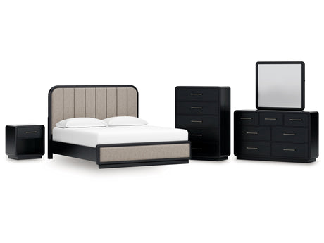 Rowanbeck Gray/Black King Panel Bed, Dresser, Mirror, Chest and Nightstand - Ornate Home