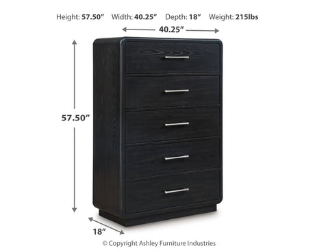 Rowanbeck Gray/Black King Panel Bed, Dresser, Mirror, Chest and Nightstand - Ornate Home