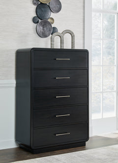 Rowanbeck Gray/Black King Panel Bed, Dresser, Mirror, Chest and Nightstand - Ornate Home
