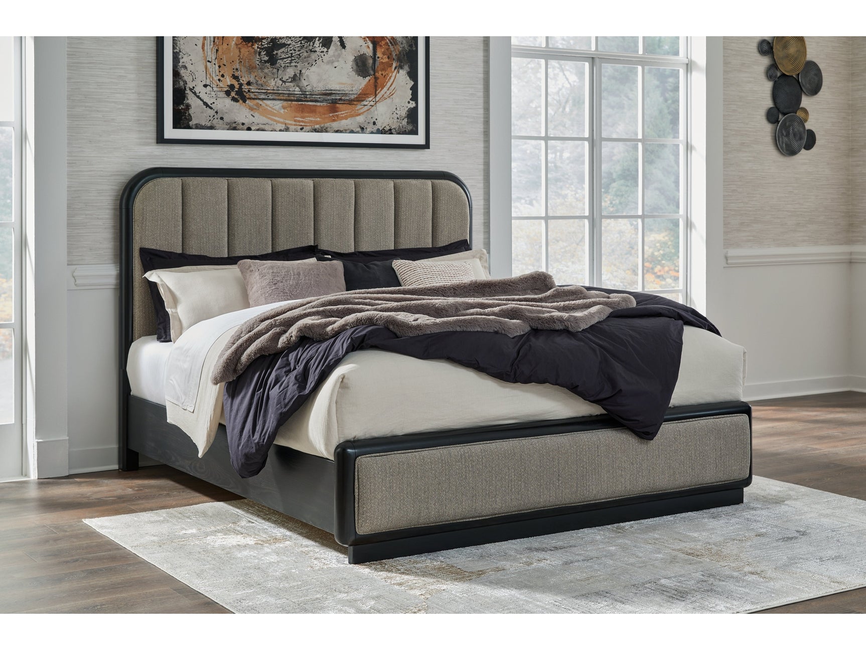 Rowanbeck Gray/Black King Upholstered Panel Bed (Online Special Price) - Ornate Home