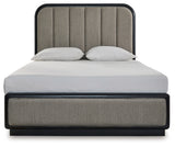 Rowanbeck Gray/Black Queen Upholstered Panel Bed, Dresser, Mirror and Nightstand (Online Special Price) - Ornate Home